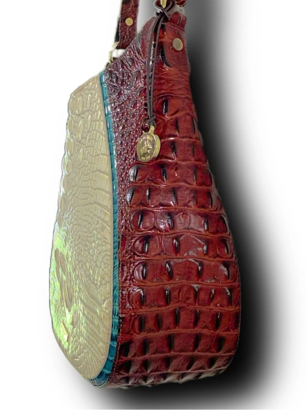 Brahmin Cream Croc-Embossed Hobo with Burgundy and Teal Trim